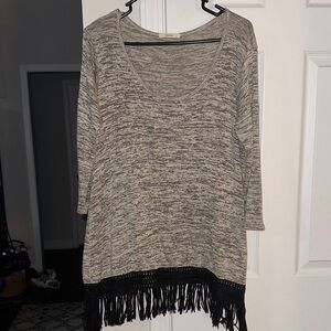 Easel Gray and Black Fringe Tunic Top